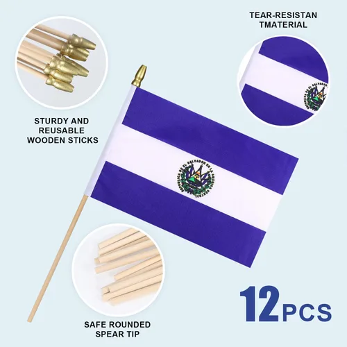 Vista 4 de 12 banderas pequeñas de Salvador en palo de madera, mini bandera de El Salvador, decoración de bandera de mano, 5 x 8 pulgadas
