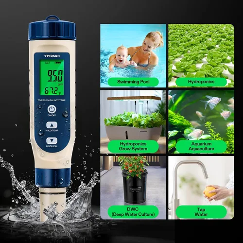Vista 7 de VIVOSUN Medidor de pH digital 5 en 1 con función de PH/salinidad/TDS/EC/temperatura, pantalla de retroiluminación, IP67 impermeable para hidroponía