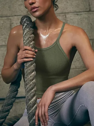 Vista 6 de LASLULU Brasier deportivo para mujer, sin costuras, largo, sin mangas, espalda cruzada, tirantes delgados, entrenamiento, yoga, brasier acolchado