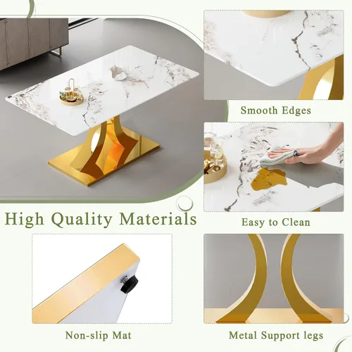Vista 6 de Juego de mesa de comedor de mármol para 4, moderna mesa de oro blanco de 63 pulgadas con patas de marco de forma intercambiable y sillas de comedor