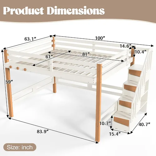 Vista 2 de Queen Loft Bed with Shelves and Clothes Hook, Space-Saving Wood Loft Bed Frame with Staircase and Ample Under-Bed Space, Beige & Natural