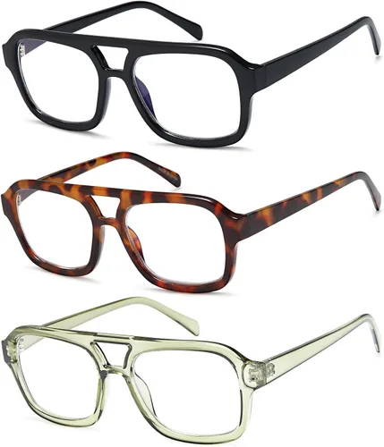 Vista 3 de Lentes de lectura estilo aviador para mujeres y hombres, paquete de 3 unidades, bloqueo de luz azul, PC, material reciclado, retro, LHJ209