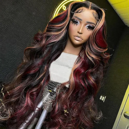 Vista 10 de abgese Peluca de cabello humano ondulado con reflejos rojos, pelucas de cabello humano ondulado con encaje frontal, densidad del 180 %, encaje