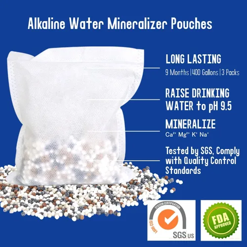 Vista 2 de Bolsas de filtro de agua alcalina, paquete de 3 (5.29 oz cada uno) – Aumenta el pH del agua hasta 9.5, añade minerales esenciales, mejora el sabor