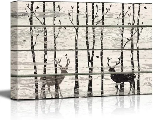 Vista 32 de wall26 - Obra de arte con estampado de madera de ciervo en bosque de abedules - Lienzo rústico para pared, arte para el hogar - 16 x 24 pulgadas