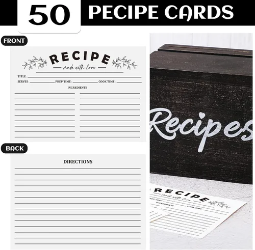 Vista 4 de Caja de recetas de madera con tarjetas, soporte para tarjetas de recetas de madera rústica con 50 piezas, juego de tarjetas de 5 x 7, caja