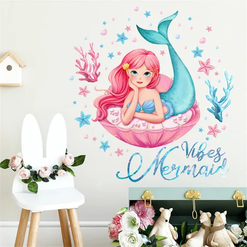Vista 2 de Calcomanías de pared con diseño de niña sirena y plantas de agua de coral, sacinora Art, vinilo extraíble para despegar y pegar para guardería