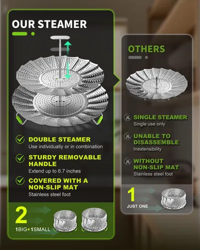 Vista 4 de Cesta vaporera de verduras de 2 capas para olla, canasta de vapor de acero inoxidable de alta calidad, canasta separable de acero inoxidable