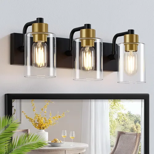 Vista 16 de Dpyrrhic Luces de Baño Negras Mate de 2 Luces Sobre Espejo con Pantalla de Vidrio Transparente, Luminarias Modernas de Baño para Cocina, Sala