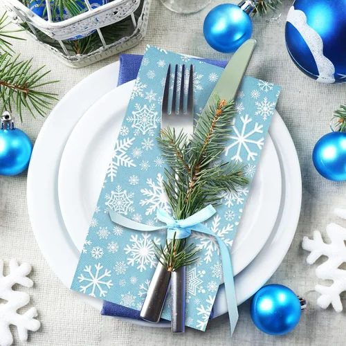 Vista 7 de Servilletas de papel desechables de 3 capas de copos de nieve de color azul cielo, servilletas de papel desechables para cena, suministros de fiesta