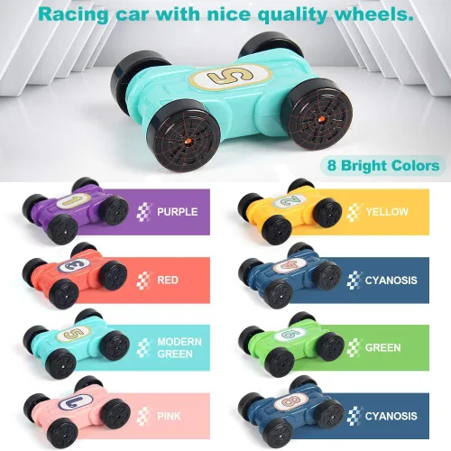 Vista 5 de Juguete deslizante para niños pequeños, pista de carreras con 6 rampas y 8 mini autos, juguetes de carreras de zig zag Slide regalos para niños
