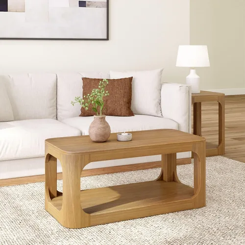 Vista 14 de Plank+Beam Forma - Mesa de centro moderna de 54 pulgadas con estante, mesa central contemporánea con espacio de almacenamiento, mesa de té Nuez