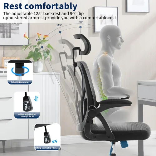 Vista 7 de Silla de oficina, silla de escritorio ergonómica con soporte lumbar ajustable, silla de computadora de malla de 400 libras, respaldo alto con Negro