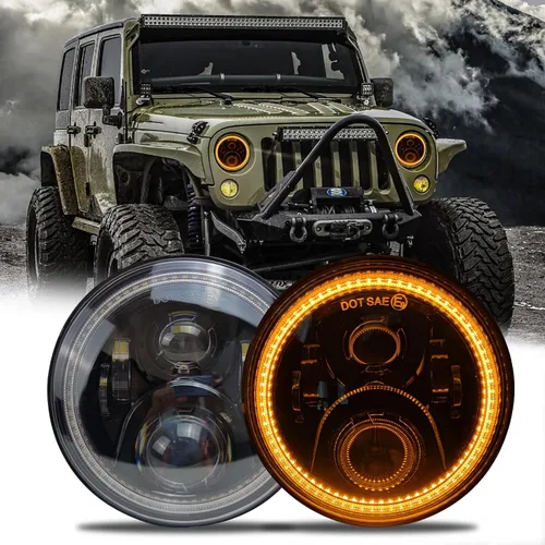 Vista 3 de Faros redondos LED de 7 pulgadas con halo DRL blanco, señal de giro ámbar, compatibles con JK JKU TJ
