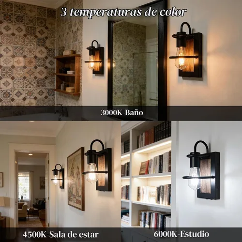 Vista 3 de Luces de pared vintage a pilas con acabado de madera sintética, lámpara de pared regulable, sin cableado, fácil de instalar, aplique de pared