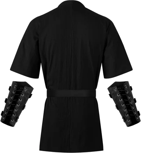 Vista 4 de Disfraz renacentista medieval para hombre, túnica vikinga, disfraz de caballero de piel sintética, protectores de brazos y cinturón, camisas vikingas
