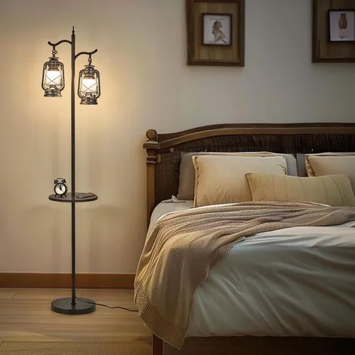 Vista 4 de Lámpara de pie estilo granja con mesa, linterna vintage de doble cabezal, lámpara de pie para sala de estar, dormitorio, lámpara de pie rústica