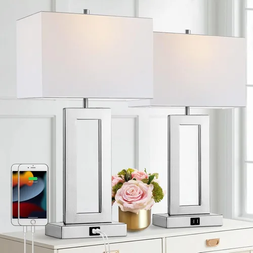 Vista 8 de gernehop - Juego de 2 lámparas de mesa plateadas con puertos USB duales, lámparas de noche con control táctil regulables de 3 vías, lámpara de mesa