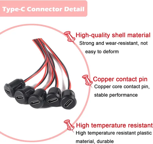 Vista 3 de 5PCS Tipo-C Chasis Hembra Tipo-C Conector de enchufe hembra Jack Impermeable Puerto de carga hembra 3A USB-C Cargador Enchufe Enchufe