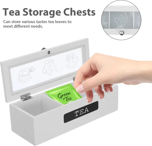 Vista 9 de SEWACC Wooden Tea Bag Organizer Box with 3 Compartments Coffee Shop Storage Chest Tea Packet Holder for Kitchen Countertop Home Use