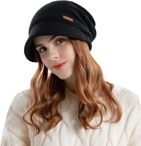 Vista 5 de Gorro de punto holgado para mujer, con forro polar cálido, gorro elástico con visera