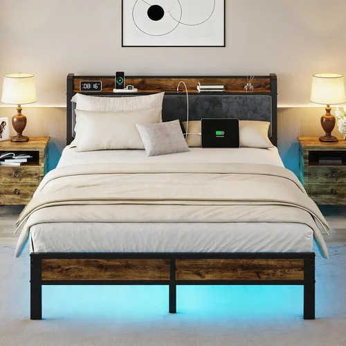Vista 9 de PROTEA Base de cama de tamaño individual con luces LED y estación de carga, cabecera tapizada con almacenamiento, plataforma resistente con listones