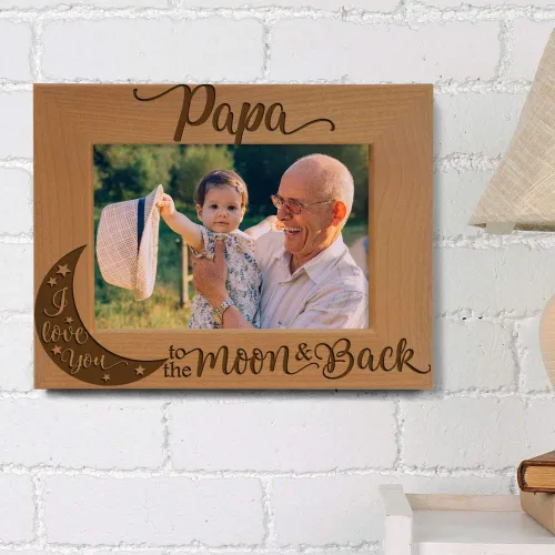Vista 5 de KATE POSH Marco de fotos con grabado de madera natural Papa I Love You to the Moon and Back. El mejor abuelo de la historia, día del padre, regalos
