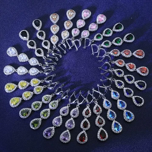 Vista 5 de LMXXVJ Aretes colgantes para mujer, aretes largos de lujo con piedras preciosas, joyería de moda, cumpleaños, aniversario, día de la madre, regalos