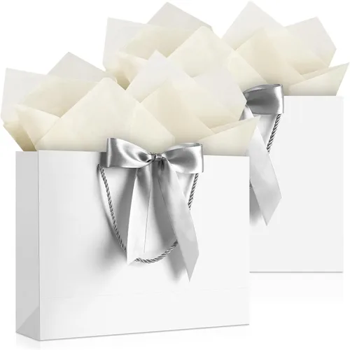 Vista 27 de JMANNI 12 bolsas de regalo de papel de boda con asa, bolsas medianas de regalo de agradecimiento de 13 pulgadas con lazo de cinta, regalos