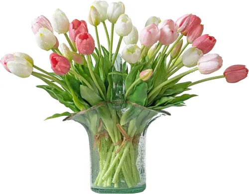 Vista 9 de DUYONE 15 flores de tulipanes artificiales, ramo de látex de tacto real, tulipanes falsos para oficina, boda, fiesta, hogar, cocina, jardín