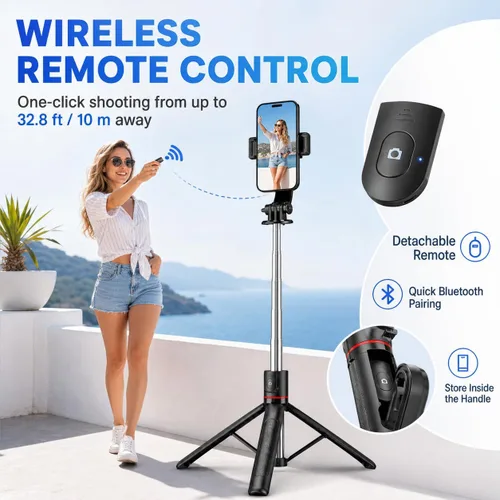 Vista 5 de Trípode desmontable para teléfono de 67 pulgadas, palo para selfie, portátil, extensible, cámara estable, fácil de selfie, con control remoto