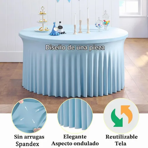 Vista 3 de Paquete de 6 manteles redondos de elastano azul bebé para mesa de 60 pulgadas, manteles elásticos de 120 pulgadas ajustables de 5 pies, manteles