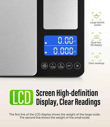 Vista 4 de Digital Dual Platform Kitchen Scale, 33 lb Large & 1.1 lb Mini Food Scale with Dual-Line LCD Display, Stainless Steel, High Precision for Baking