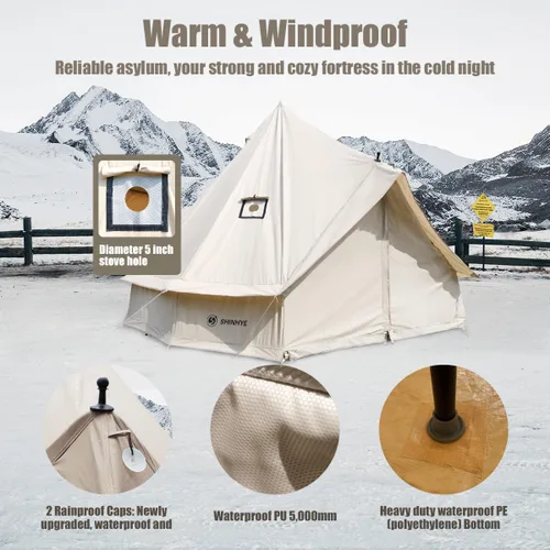 Vista 5 de ShinHye Tienda de campaña de lona para yurtas, 4 estaciones, para camping, 100% algodón, tiendas de campaña glamping con gato de estufa, camping