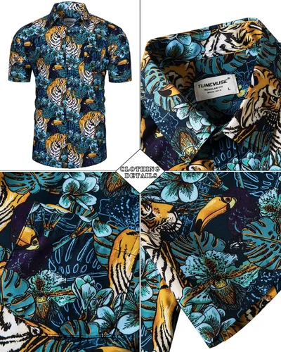 Vista 93 de TUNEVUSE Conjunto de camisas y pantalones cortos hawaianos para hombre, 2 piezas, trajes de playa con estampado de flores, traje tropical de verano