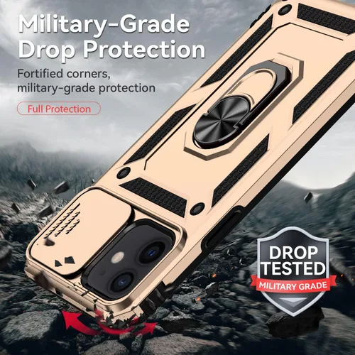 Vista 4 de Funda para iPhone 12/12 Pro, iPhone 12/12 Pro con funda para cámara y soporte, grado militar, a prueba de golpes, resistente, con funda magnética