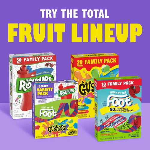 Vista 7 de Fruit Roll-Ups, Fruit by the Foot, Gushers Fruit Flavored Snacks paquete variado, sin gluten, 8 unidades, 5.1 onzas (paquete de 8)