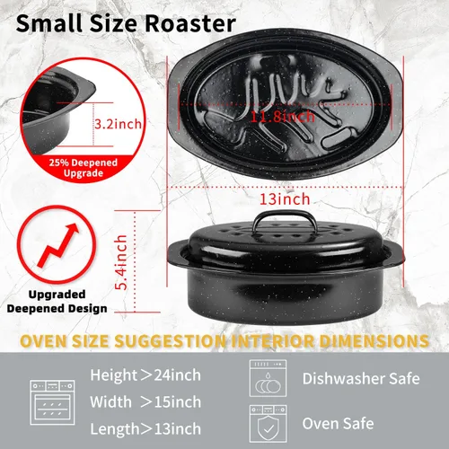 Vista 3 de JY COOKMENT Sartén para asar granito, pequeña sartén esmaltada de 13 pulgadas con tapa abovedada. Olla ovalada para pavo, sartén para asar, ideal