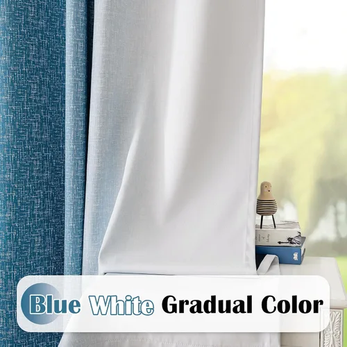 Vista 2 de Cortinas Ombre 100% Opacas de 63 Pulgadas de Largo 2 Paneles para Dormitorio Azul Blanco Patrón Degradado Oscurecimiento de Habitación Aislamiento