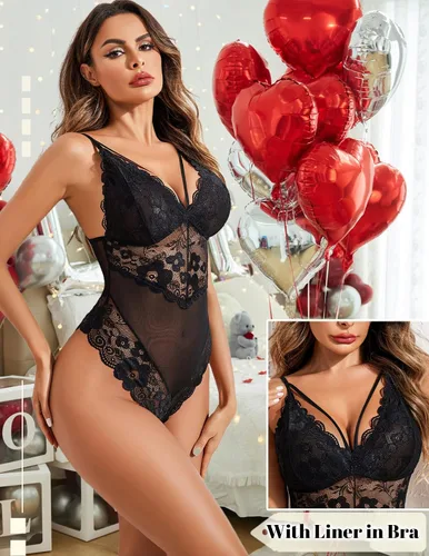 Vista 2 de Avidlove - Lencería de entrepierna a presión para mujer, body de encaje de una pieza, mini traje sexy.