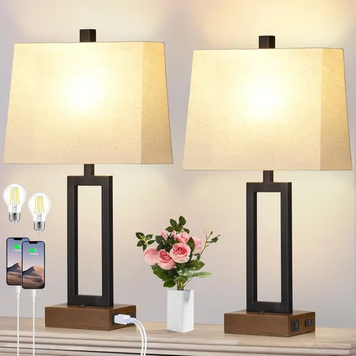 Vista 9 de Rinweey Juego de 2 lámparas de mesa de 23.5 pulgadas, modernas lámparas de noche negras con 2 puertos USB y salida de CA, lámparas de mesita