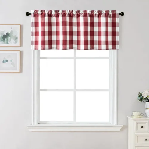 Vista 46 de VOGOL Cenefa de cuadros marrón con textura de lino para dormitorio, sala de estar, diseño de bolsillo para barra, fácil de colgar, 52 x 12 pulgadas