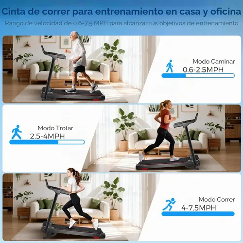 Vista 5 de Cinta de correr con 0-16% de inclinación automática, 0.6-7.5 MPH caminadora para el hogar, 3.0 HP de bajo ruido plegable con barra de mango y Negro