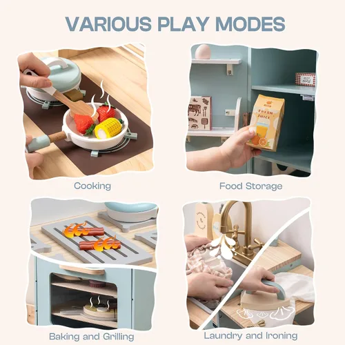 Vista 5 de ROBUD Juego de cocina de madera, juego de cocina de juguete para niños con diseño realista, utensilios, máquina de hielo, nevera, horno, lavadora