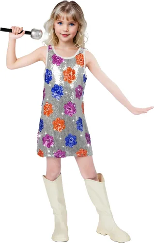 Vista 6 de Vestido de lentejuelas para niñas, sin mangas, con purpurina, disfraz para graduación, concierto, fiesta con accesorio de micrófono de purpurina