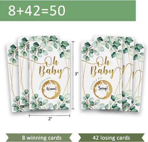 Vista 2 de Juego de rascar para baby shower, Oh Baby Eucalyptus Neutral Boy Girl Lucky Draw Card para actividades de fiesta, decoraciones y suministros Juego