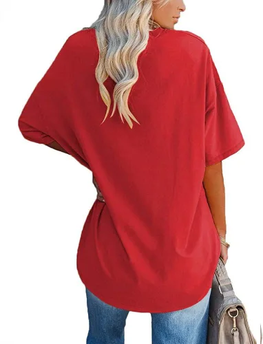 Vista 2 de Fisoew Camisetas de gran tamaño para mujer, camisetas de media manga con cuello redondo de algodón