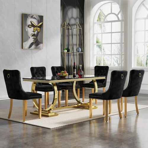 Vista 18 de HomVent Juego de mesa de comedor moderna de mármol sintético para 4 personas, mesa de cocina rectangular con 4 sillas beige (dorado)