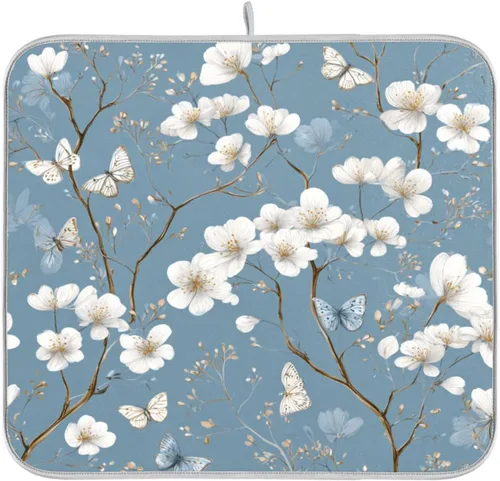 Vista 47 de Tapete de secado de platos de primavera naranja con flor de amapola para encimera de cocina, tapete escurridor absorbente de microfibra, tapete