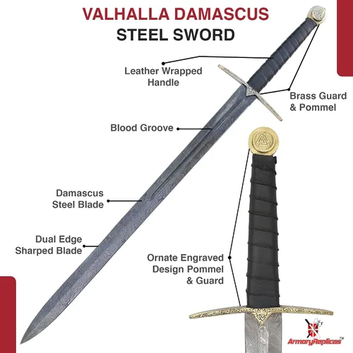 Vista 3 de s™ Viking Einherjar Espada de espiga completa - Hoja de acero de Damasco (400-520 capas) con mango envuelto en cuero, protector de latón y pomo